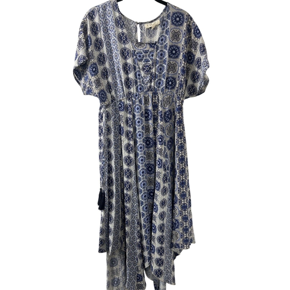 Alchemy Thread Blue White Geometric Print Midi Dress Tassel‎ Tie Keyhole Neck M
